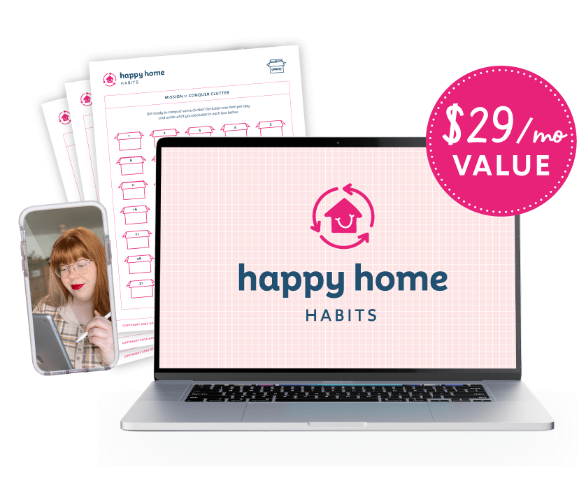 $29/mo value — A phone with a video of Naomi playing on it, some printables, and a computer with the Happy Home Habits logo on it