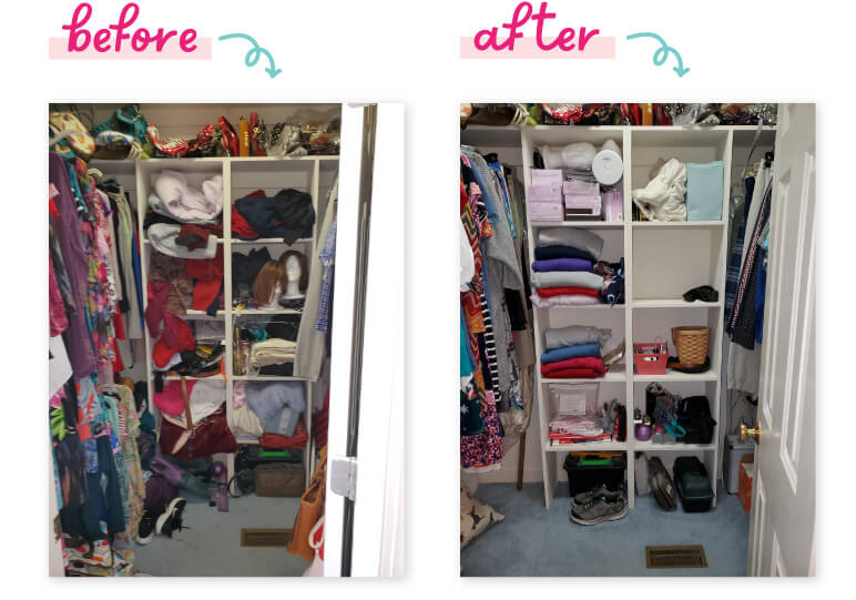 Before: Closet with clothes scattered and hard to find. After: Closet with everything in place and extra room because things have been decluttered.