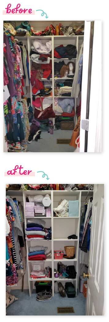 Before: Closet with clothes scattered and hard to find. After: Closet with everything in place and extra room because things have been decluttered.