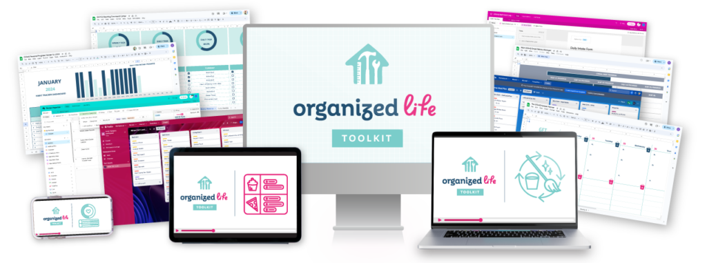 The Organized Life Toolkit logo on a computer surrounded by screenshots of tools and video tutorials pulled up on devices.