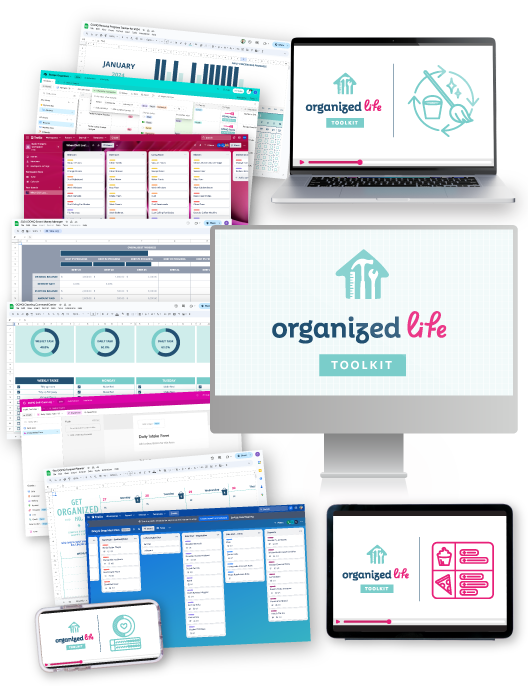 The Organized Life Toolkit logo on a computer surrounded by screenshots of tools and video tutorials pulled up on devices.