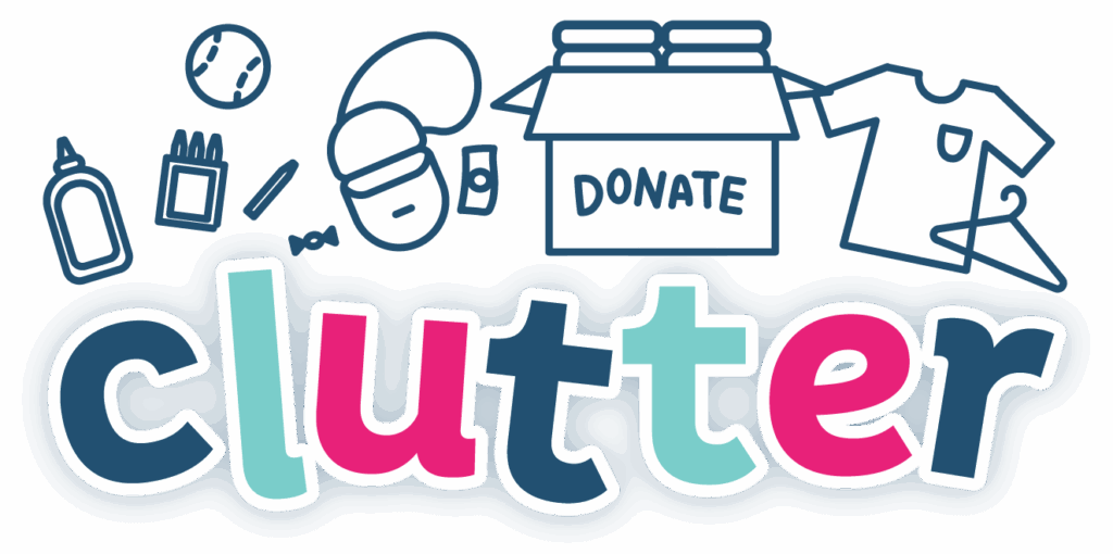 A graphic of the word "clutter" surrounded by random household items and a donate box