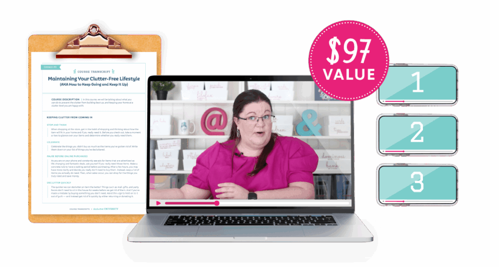 A mockup of a video for this course (valued at $97), the course transcript on a clipboard, and phones depicting how many lessons are in the course