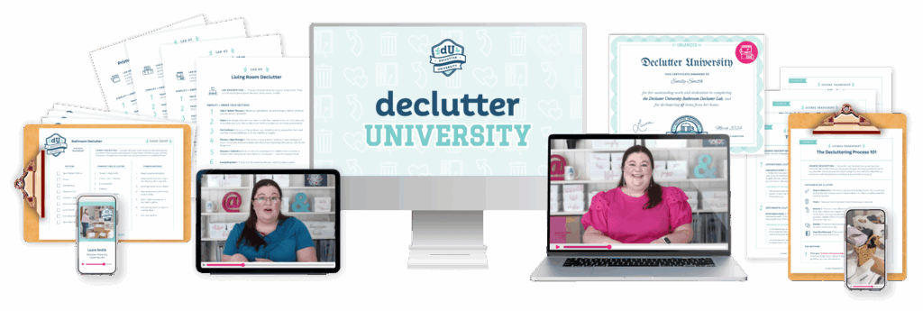 Mockup of Declutter U, including worksheets and videos of Laura