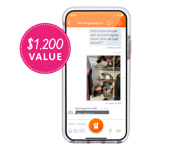 A GIf of a student and Laura exchanging texts, pictures, and voice memos to solve. a closet organizing dilemma, $1,200 value