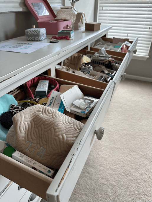 Bedroom vanity drawers messy and overflowing