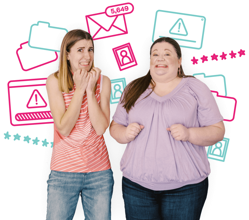 Laura and Tasha looking overwhelmed surrounded by passwords, random files and photos, alert notifications