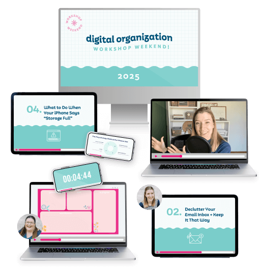 Various devices with digital organization workshop videos playing on them.