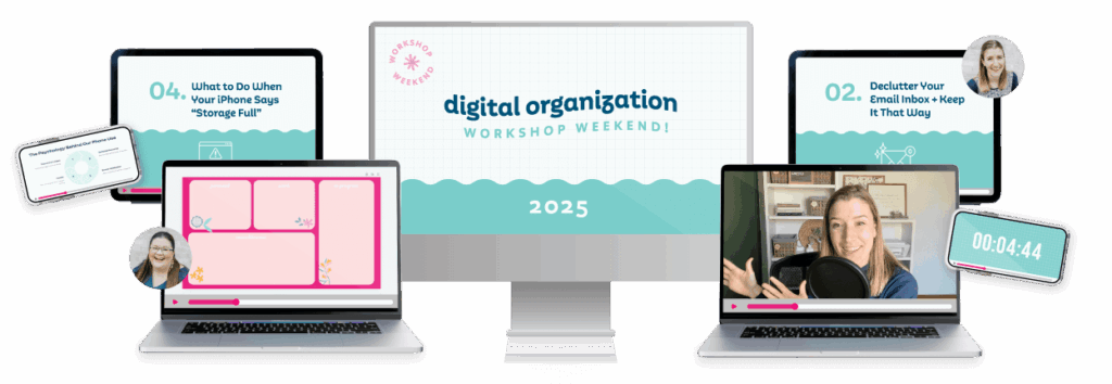 Various devices with digital organization workshop videos playing on them.