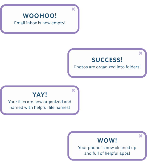 Notification bubbles of digital organization steps (like the email inbox being cleared out and photos being organized into folders) and icons of organized devices.