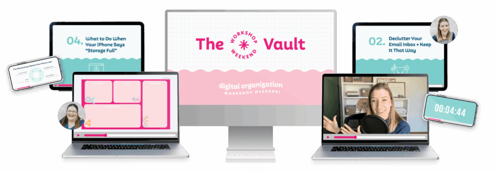 Various devices with digital organization workshop videos playing on them. and a desktop computer with The Digital Organization Vault logo on it.