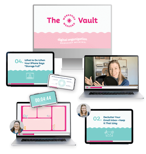 Various devices with digital organization workshop videos playing on them. and a desktop computer with The Digital Organization Vault logo on it.