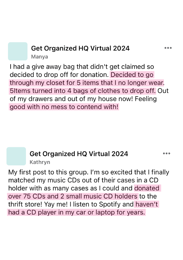 Someone donating 4 bags of clothing and someone else donating old CDs they haven't used in years.