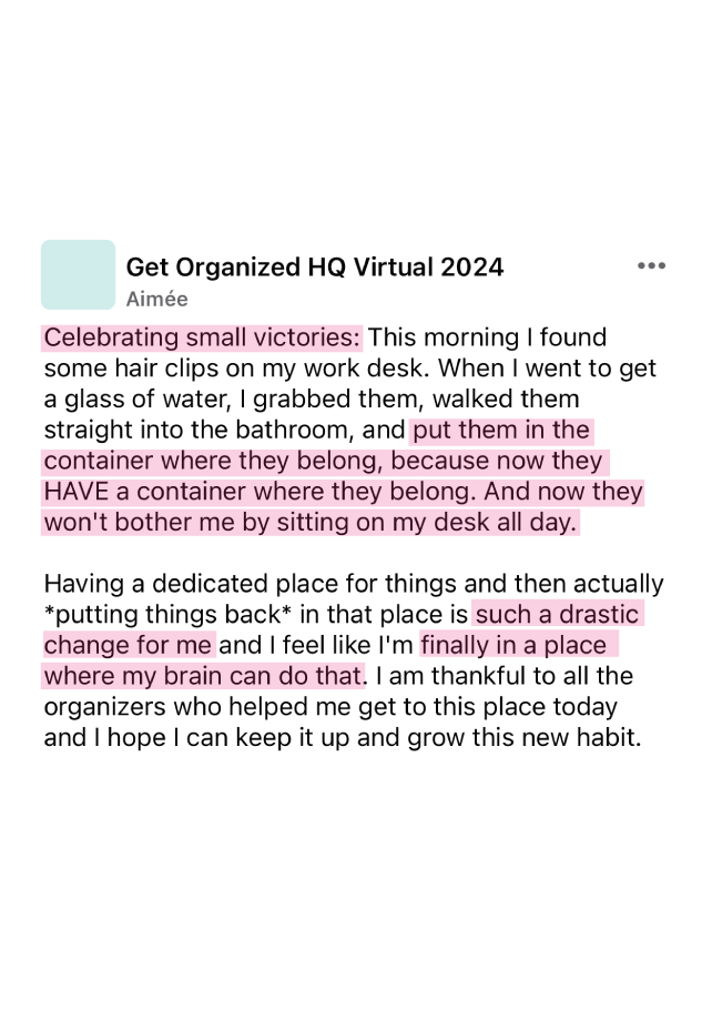 Someone celebrating having a place to put things and knowing where to find them.