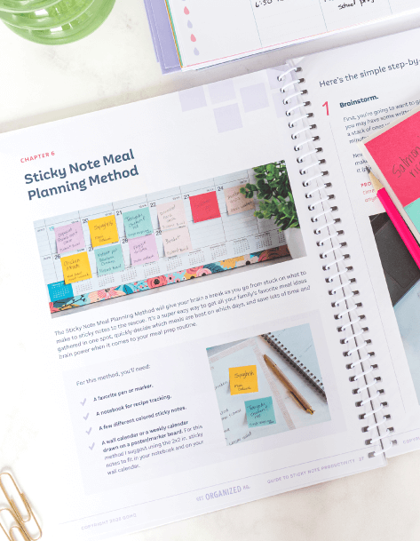 Spiral-bound Guide to Sticky Note Productivity open to a chapter on Sticky Note Meal Planning