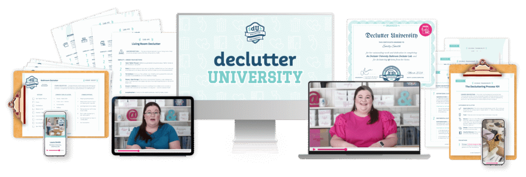 Declutter University elements mocked up on clipboards and screens