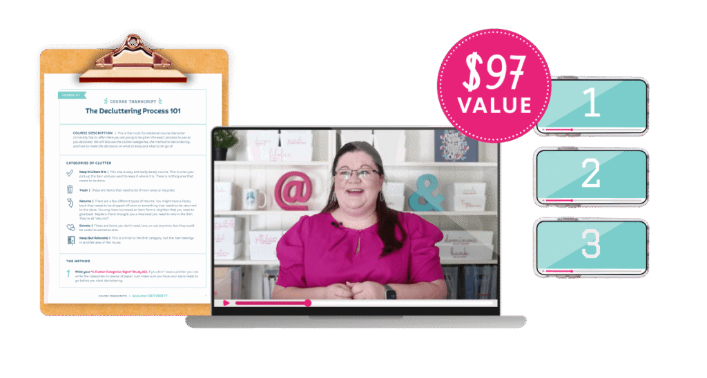 A mockup of a video for this course (valued at $97), the course transcript on a clipboard, and phones depicting how many lessons are in the course