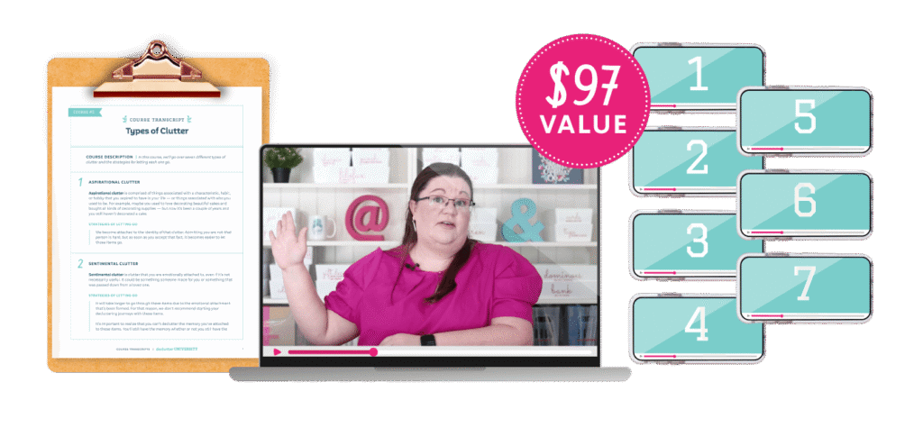 A mockup of a video for this course (valued at $97), the course transcript on a clipboard, and phones depicting how many lessons are in the course