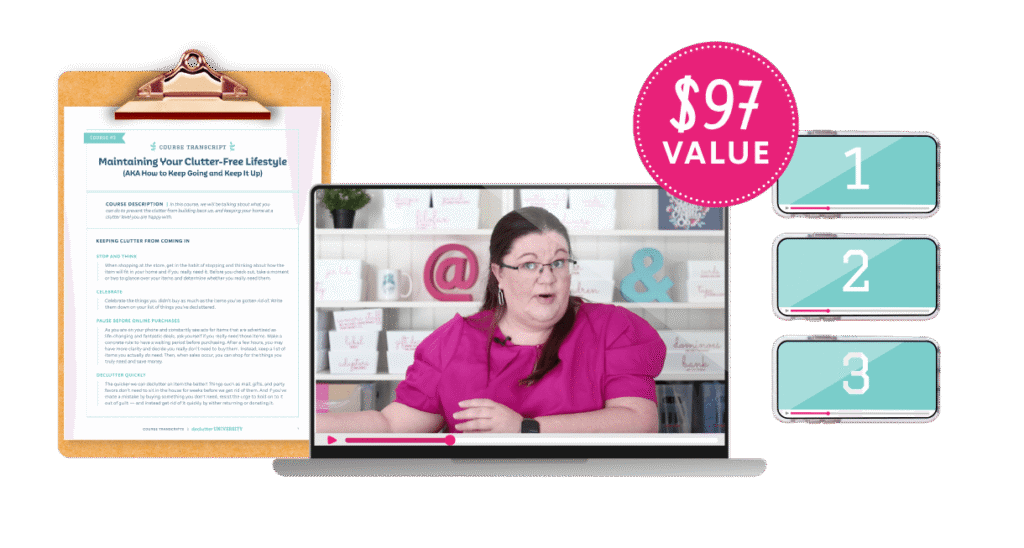A mockup of a video for this course (valued at $97), the course transcript on a clipboard, and phones depicting how many lessons are in the course