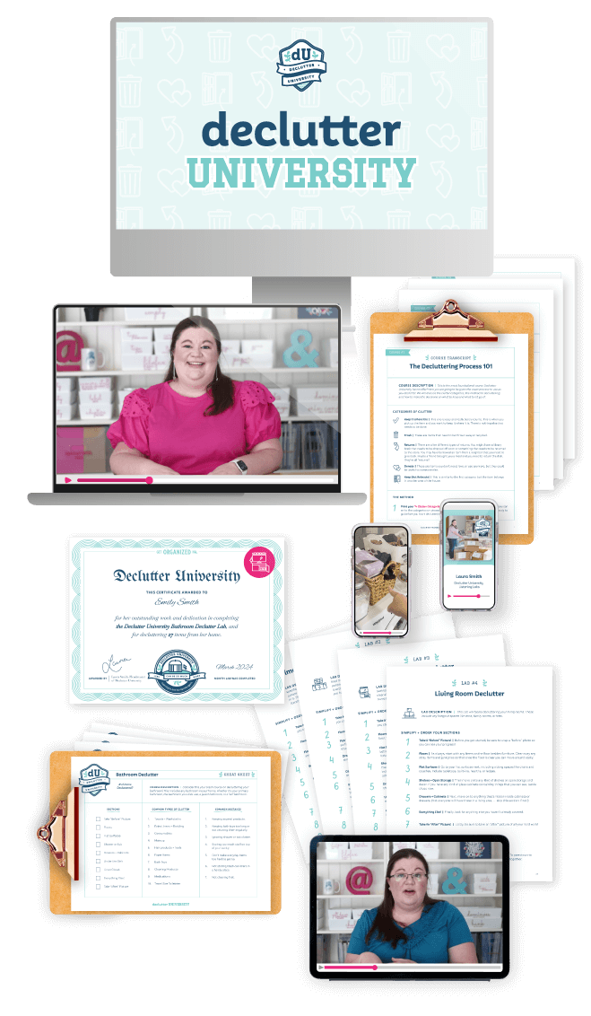 Declutter University elements mocked up on clipboards and screens