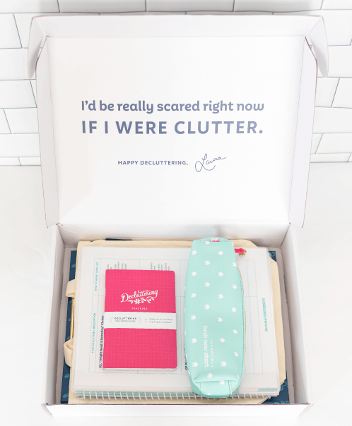 The open box showing "school supplies" inside