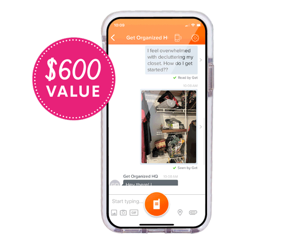 A GIf of a student and Laura exchanging texts, pictures, and voice memos to solve. a closet organizing dilemma, $600 value