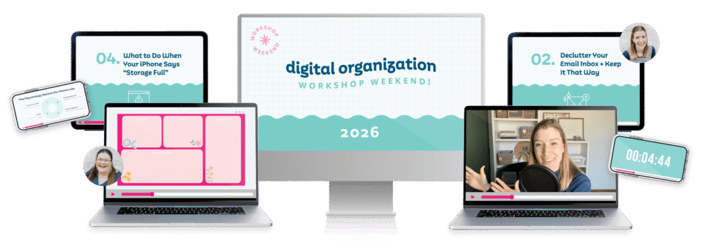Various devices with digital organization workshop videos playing on them.