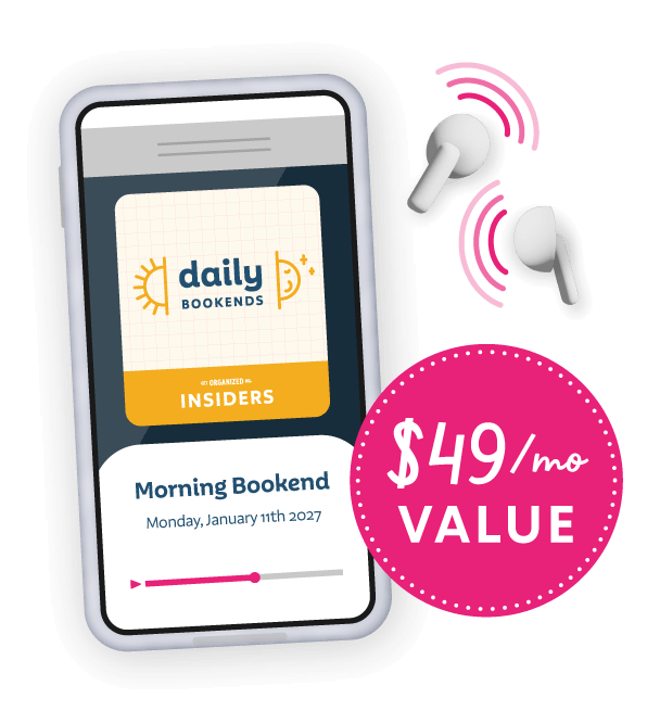 A mockup of a Morning Bookend episode playing on a phone, with audio waves coming out of earbuds and a bade that says '$49/mo value'