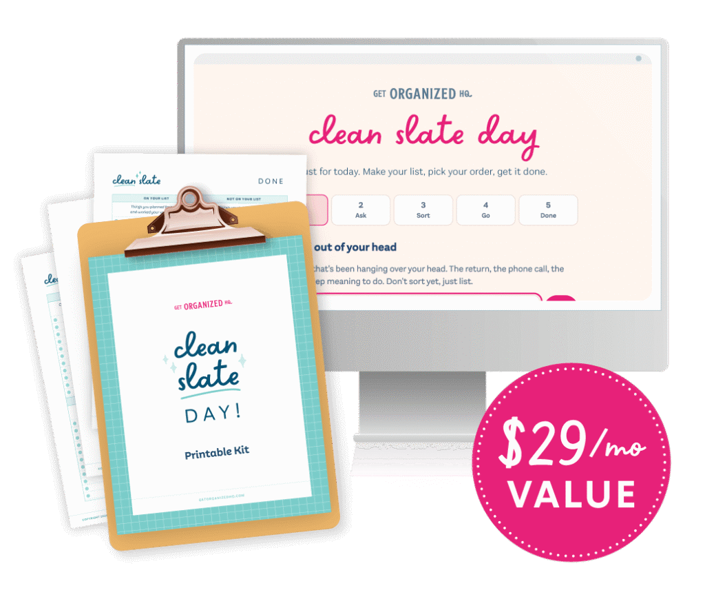 A mockup of the Clean Slate Day app pulled up on a computer and the Clean Slate Day Printable on a clipboard, with a badge that reads '$29/mo value'.