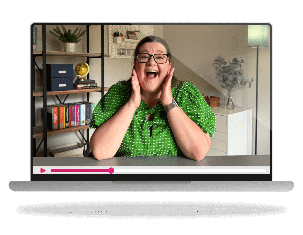 A mockup of a video of an excited Laura in her home.
