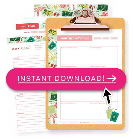 Pages from each month of the monthly packs flipping through with a button that reads 'instant download' and a mouse icon.